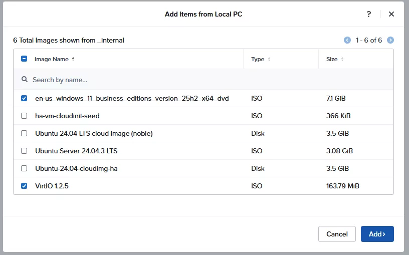 Windows 11 and VirtIO selected to add to the content repository