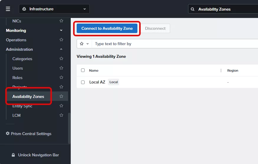 Connect to Availability Zone in Prism Central