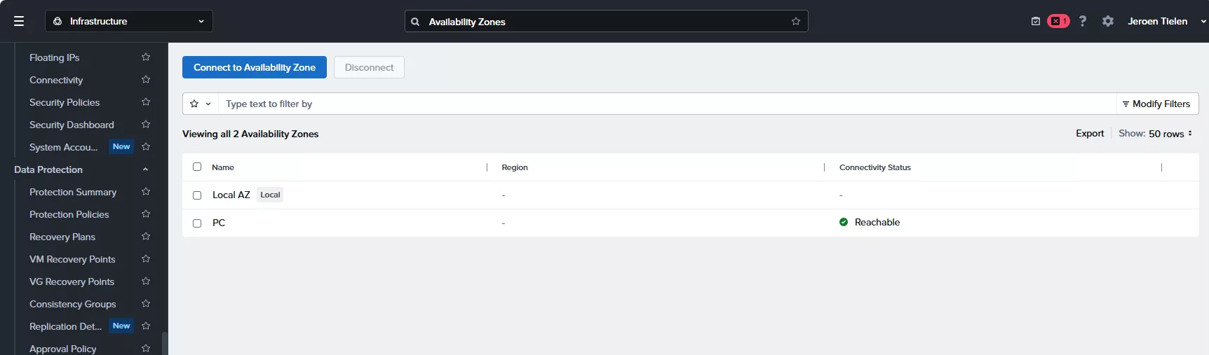 Availability Zone PC connected and reachable