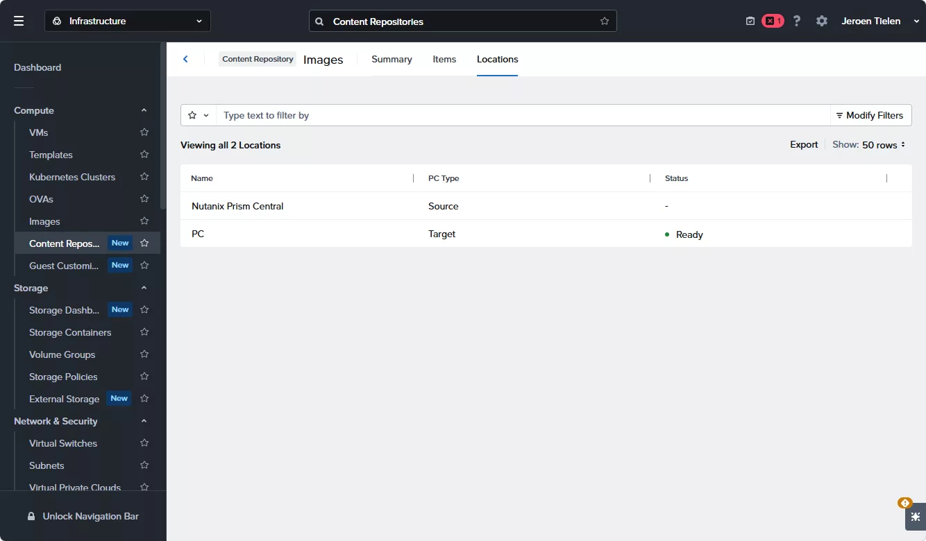 Locations tab of the content repository with source and target