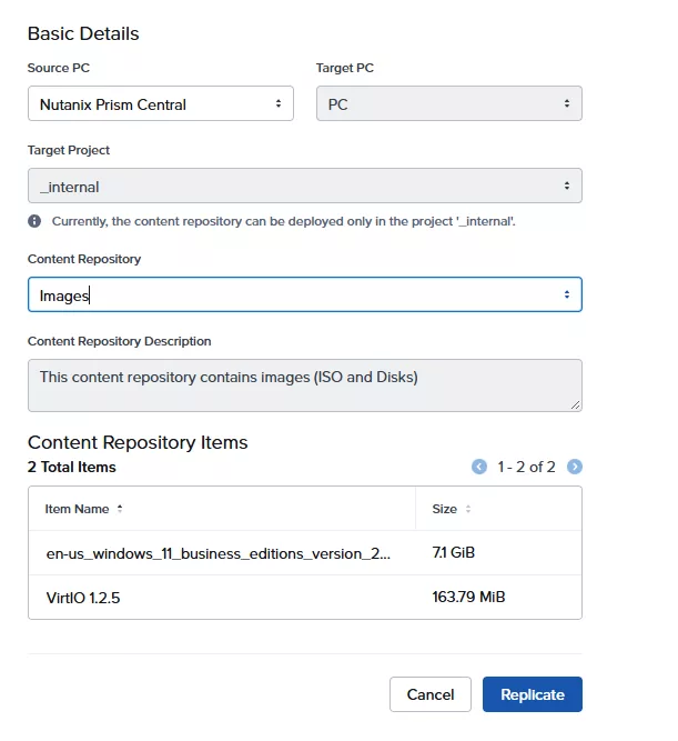 Replicate the Images content repository from the source Prism Central