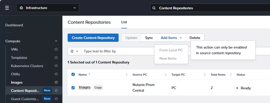 Replicated content repository on the target: Add Items only on the source