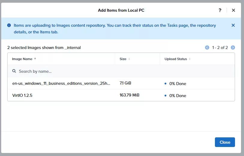 Items uploading to the content repository