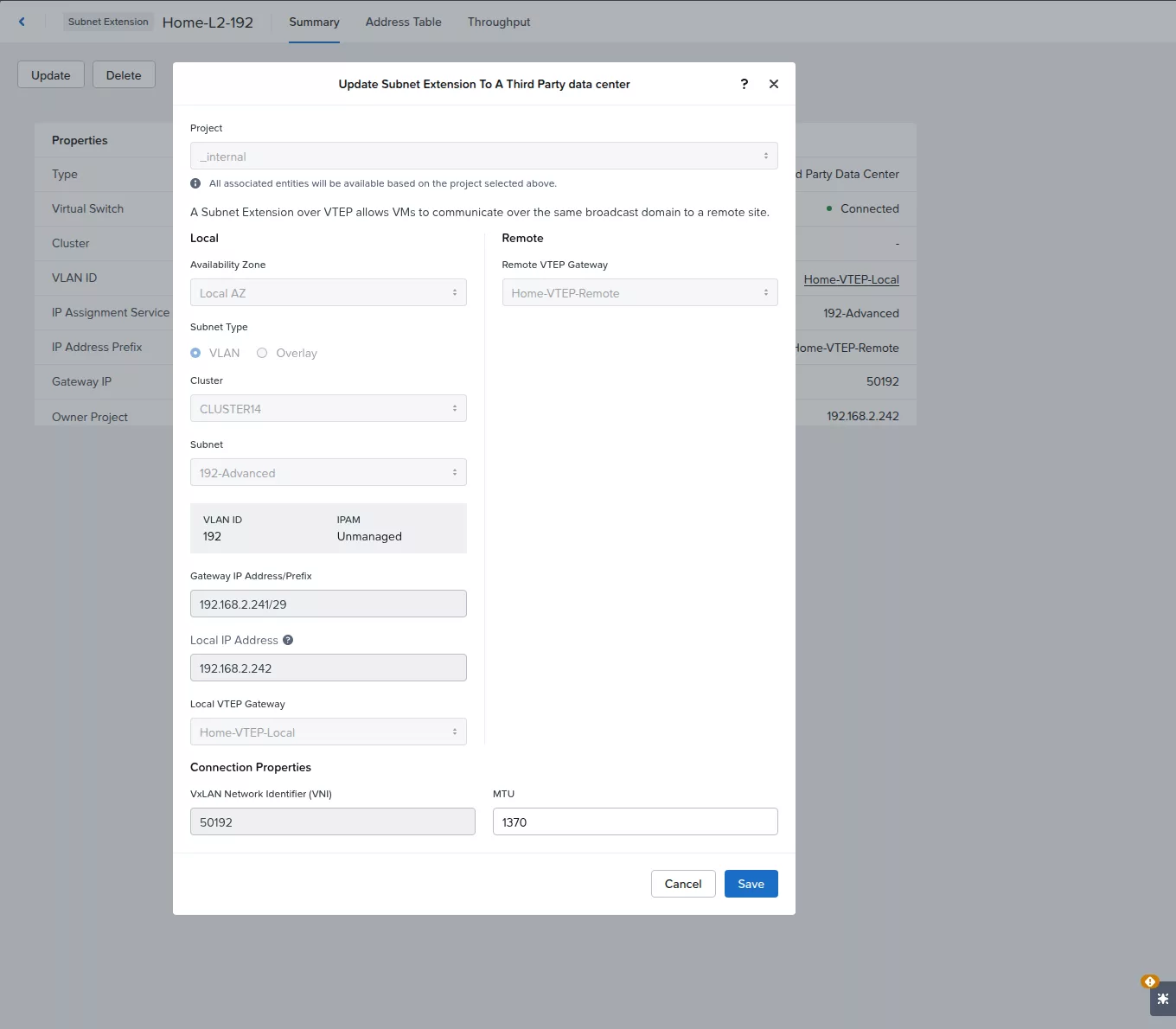 Settings of the subnet extension